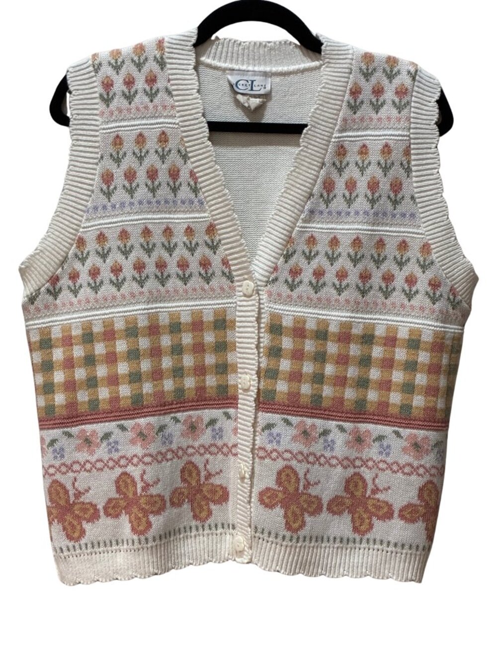 Cottagecore Cricket Lane Butterfly Pastel Knit Sweater Vest V-Neck Button Front